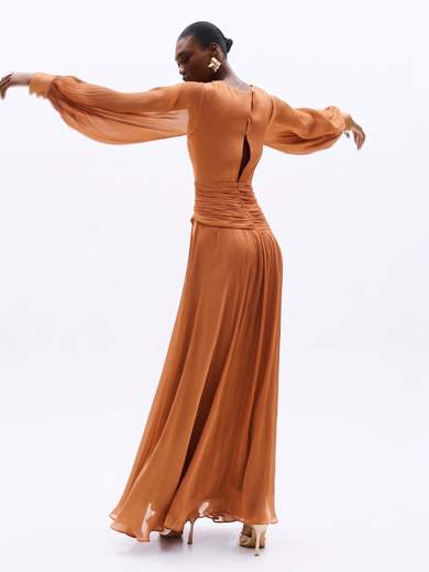 Abito Lungo da Cerimonia in Chiffon con Maniche a Sbuffo A4801