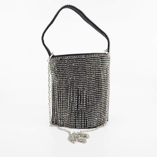 Coo & Coo Fashion Clutch Pochette Cerimonia Argento Morbida Con Strass A Secchiello