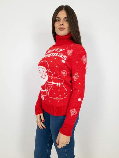 NEW COLLECTION Maglione Natalizio Donna con Babbo Natale e Collo Alto A99080-1000