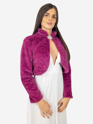 Elegant short faux fur jacket with decorative brooch