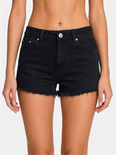 Stretch Denim Shorts with Fringed Hem