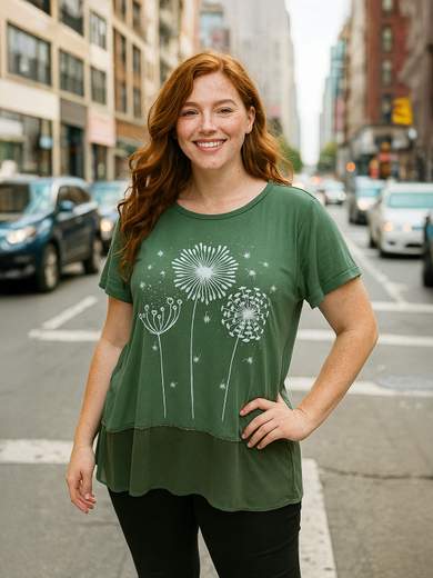 Curvy Girl Curvy T-shirt with floral print and rhinestones – Georgette hem 33232-S1