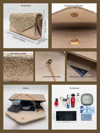 Gold Satin Evening Clutch with Glitter Flap