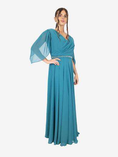 Elegant curvy long dress with sleeves and rhinestone waist