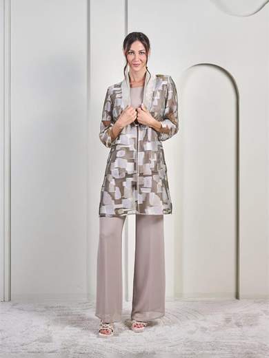 Peg Moda Completo Pantalone Donna Tre Pezzi per Cerimonia con Spolverino in Organza Fil Coupé 74-50-OLIMPO-45