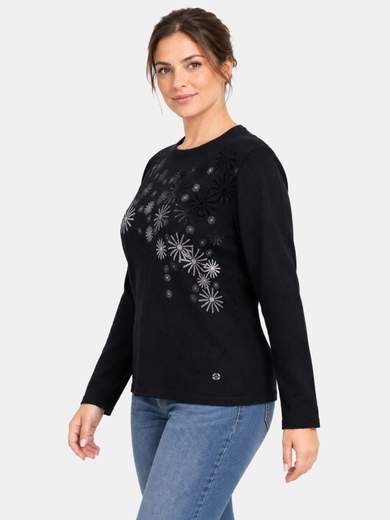 Maglia girocollo con decoro frontale in velluto e glitter