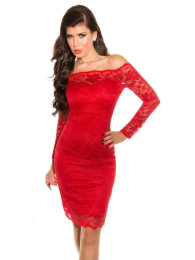 Abito a tubino in pizzo con scollo alla Carmen