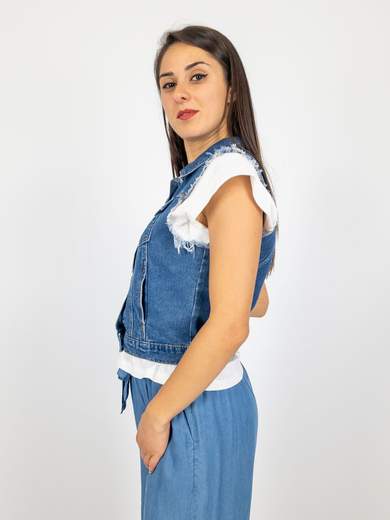 Gilet Donna Estivo In Jeans Corto E Smanicato
