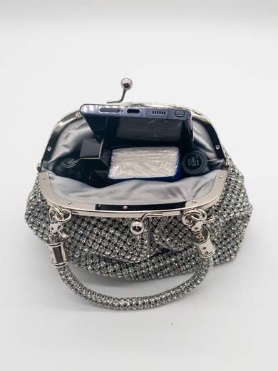Elegant silver clutch with rhinestones – Mini evening bag with strap