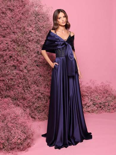 BIANCA BRANDI Abito lungo da cerimonia in raso con corpetto ricamato e stola coordinata 29247