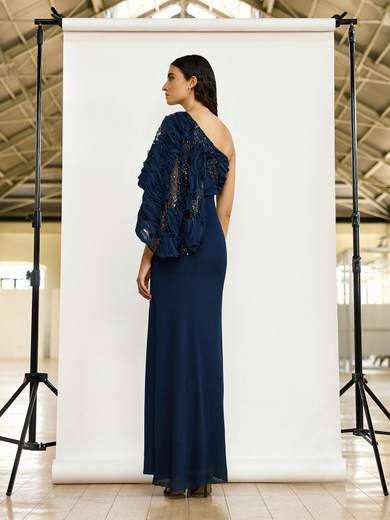 Abito Lungo da Cerimonia Monospalla in Chiffon con Volant e Spacco