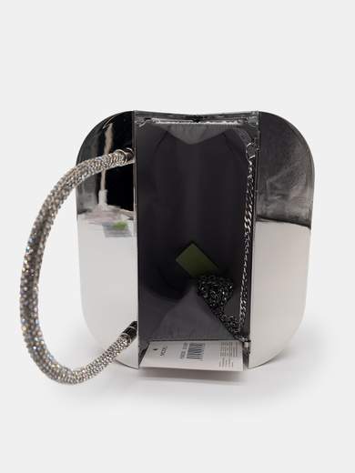 Silver Evening Clutch Bag Covered in Rhinestones with Detachable Chain