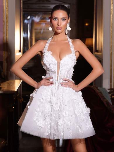 Abito Corto da Sposa Bianco in Tulle Ricamato 80123