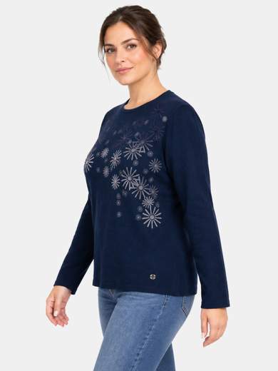 Maglia girocollo con decoro frontale in velluto e glitter