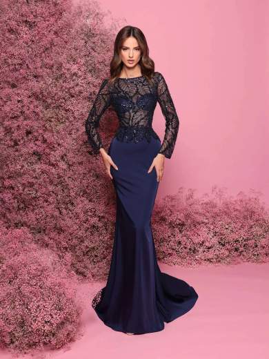 BIANCA BRANDI Abito lungo da cerimonia a sirena con maniche lunghe in tulle e strass 29242