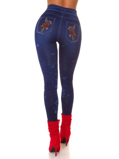 Leggings donna effetto jeans con stampa floreale