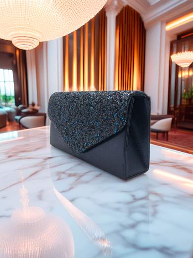 MICHELLE MOON Pochette elegante da cerimonia in raso blu con glitter e tracolla removibile XX3487-BLU