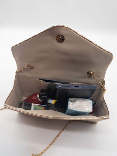 Gold Satin Evening Clutch with Glitter Flap