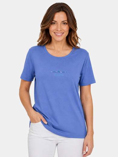PERLARARA Women's 100% Cotton Rhinestone Short Sleeve T-Shirt E84