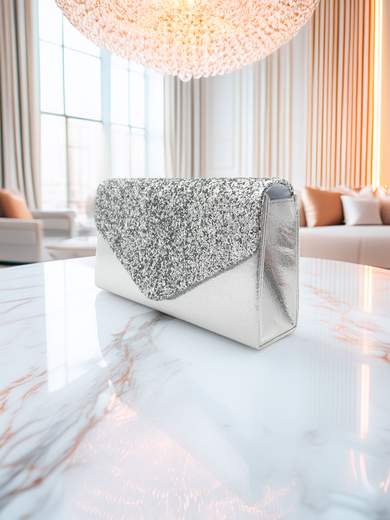 MICHELLE MOON Pochette elegante da cerimonia in raso argento con glitter e tracolla removibile XX3487-ARGENTO