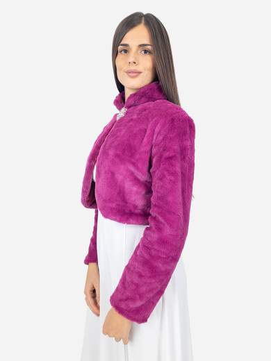 Elegant short faux fur jacket with decorative brooch