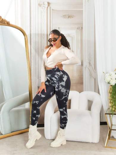 Leggings Sexy in Batik a Vita Alta con Cucitura Arricciata