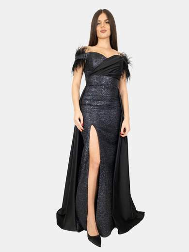 ROMEO GIGLI Abito lungo da cerimonia con piume e spacco frontale 3953
