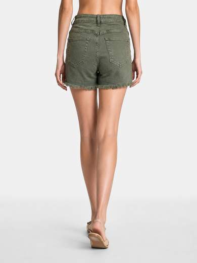 Stretch Denim Shorts with Fringed Hem