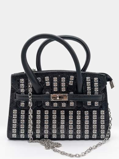 Black Evening Bag with Rhinestones and Chain Shoulder Strap