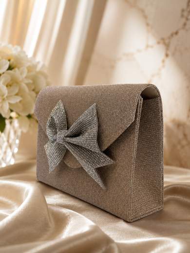 MICHELLE MOON Pochette da Cerimonia Champagne Glitterata con Fiocco di Strass HL3499-champagne