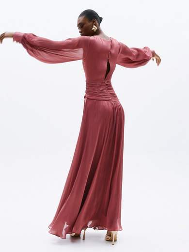 Abito Lungo da Cerimonia in Chiffon con Maniche a Sbuffo A4801