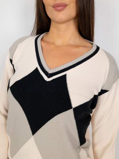 Maglia Pullover Donna Invernale A Rombi Con Lo Scollo A V