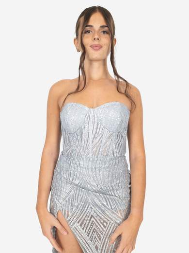 Silver Mermaid Long Dress with Deep Slit and Stole – Code 4473