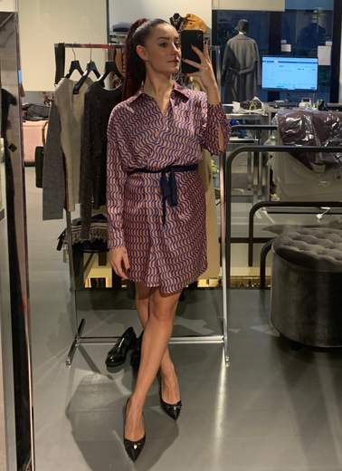 Abito Blu Arancio In Raso Corto Stampa Geometrica Kartika