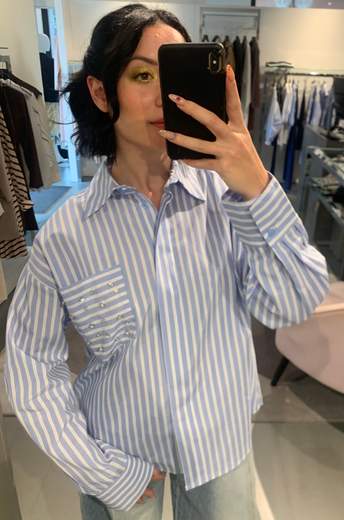 Camicia Over A Righe Con Tasca E Swarosky Kiki Six