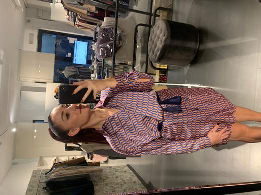 Abito Blu Arancio In Raso Corto Stampa Geometrica Kartika