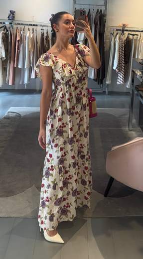 Abito Lungo A Fiori Bianco Con Balze Agatha