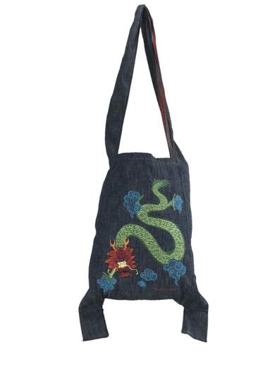 FORNARINA Omuta Denim Tote Bag with Embroidered Japanese Dragon