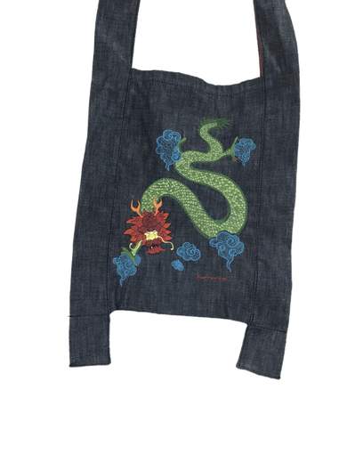 FORNARINA Omuta Denim Tote Bag with Embroidered Japanese Dragon