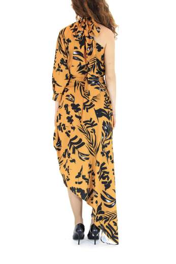 PRONTO MODA 6339 Long Ocra Dress with Black Flowers