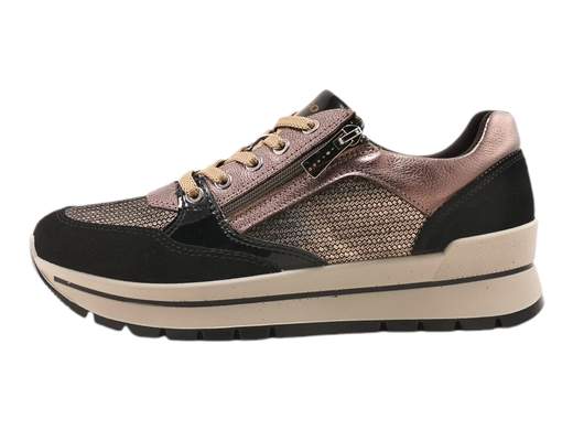 Scopri le Sneakers Donna IGI&CO 6673811 ANIKA in pelle laminata bronzo e camoscio nero, comode e ammortizzate. Acquista ora su Laporta Calzature!<br /><br />Le Sneakers Donna IGI&CO 6673811 ANIKA, disponibili su Laporta Calzature, portano un tocco di eleganza grintosa in un design sportivo che non passa inosservato. <br />Realizzate in pelle laminata bronzo e camoscio nero, con fodera in morbido tessuto tecnico, queste sneakers uniscono stile e comfort come nessun’altra. <br />Il sottopiede estraibile in memory foam è una vera coccola per i piedi, adattandosi a ogni passo. <br />La chiusura con lacci e zip laterale rende la calzata pratica e veloce, ideale per le giornate di corsa. <br />E con un fondo platform ammortizzante di 4,5 cm, avrai altezza e stabilità in ogni occasione. <br />Se cerchi uno stile chic e comfort senza compromessi, acquista ora su Laporta Calzature e rendi ogni passo speciale!