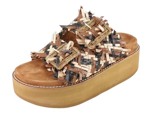 Ciabatta donna EKP Collections in pelle intrecciata multi-marrone con fibbie gioiello in strass e platform 5 cm.