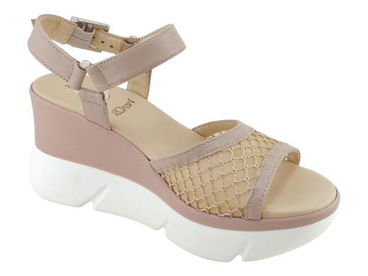 Sandalo donna NeroGiardini con zeppa bicolore 8 cm, tomaia in pelle e rete ricamata, cinturino regolabile e sottopiede memory per un look sportivo e grintoso.
