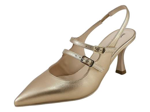 Elegante scarpa slingback NeroGiardini Premium in pelle laminata oro sandalo con tacco 7 cm, triplo cinturino e punta affusolata, ideale per cerimonie.