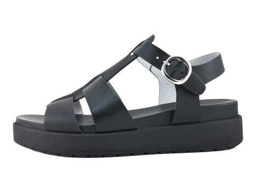 Sandalo donna NeroGiardini in pelle con suola platform da 3 cm, chiusura con fibbia e fussbett imbottito per un comfort urbano grintoso.