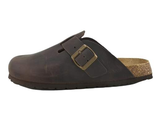 Sabot estivo da uomo Grünland Bobo art. CB2224 in pelle nabuk ingrassato mogano con fibbia regolabile e fondo in sughero naturale.