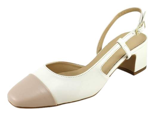 Décolleté bicolore Nacrée con tacco 4,5cm a blocco, cinturino regolabile e suola antiscivolo. Comfort classico e manifattura artigianale per cerimonie o ufficio.