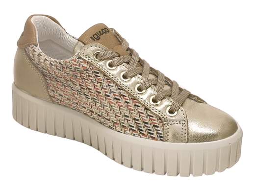 Sneaker laminata con dettaglio rafia, doppia chiusura zip e lacci, plantare estraibile e suola platform 3,5cm in poliuretano per una camminata ammortizzata e leggera.