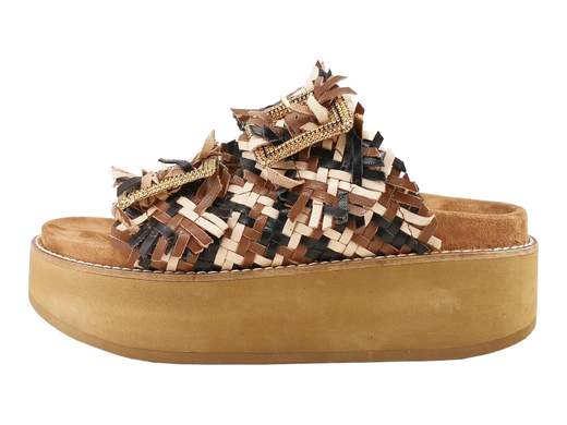 Ciabatta donna EKP Collections in pelle intrecciata multi-marrone con fibbie gioiello in strass e platform 5 cm.
