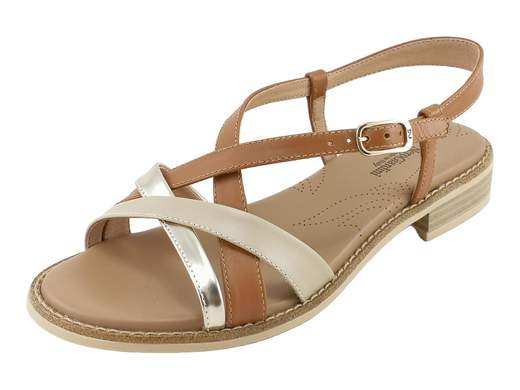 Sandalo basso donna NeroGiardini con listini in pelle multicolore cuoio e rosa armenia, dettagli a specchio, sottopiede imbottito e tacco 2 cm.